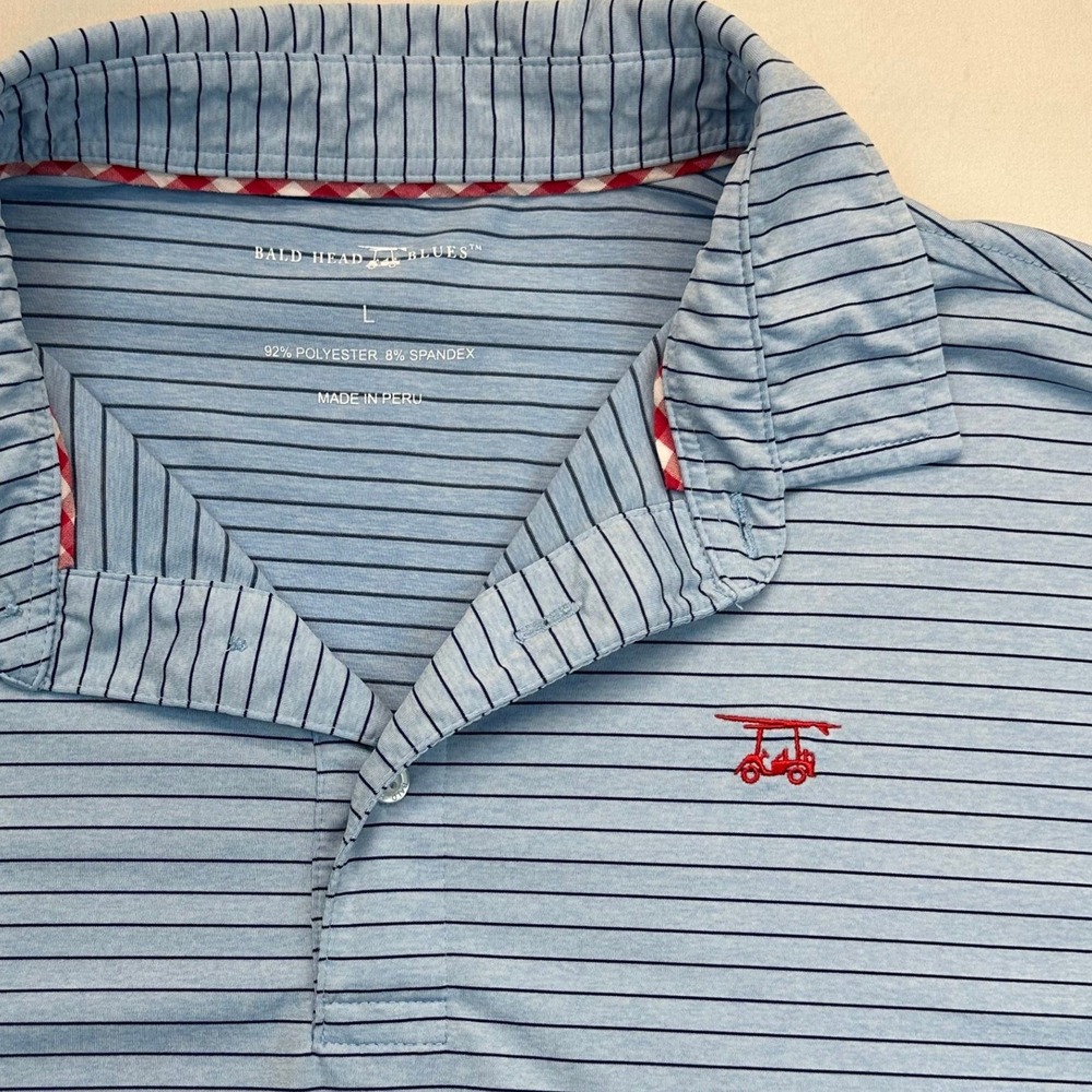 Bald Head Blues Mens Large Blue Striped Performance Golf Polo Shirt Gingham Trim